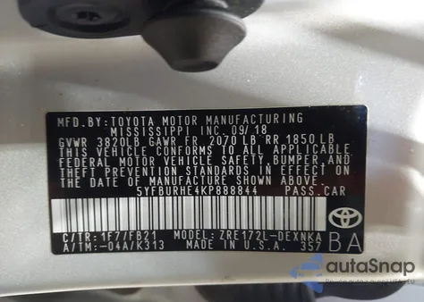 2019 Toyota Corolla Le from USA, damaged, VIN 5YFBURHE4KP888844
